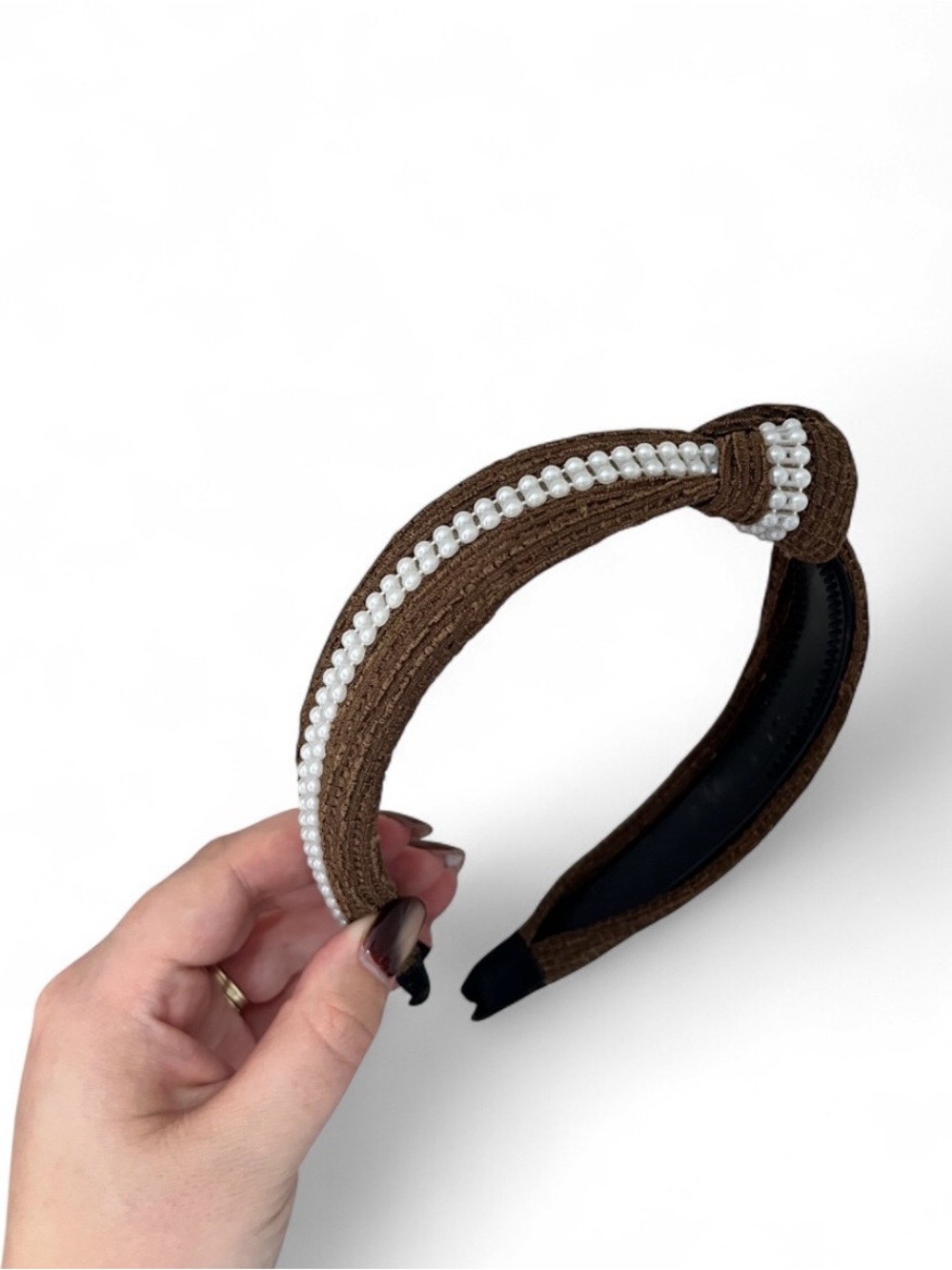 Pearl-Embellished Brown Knot Headband